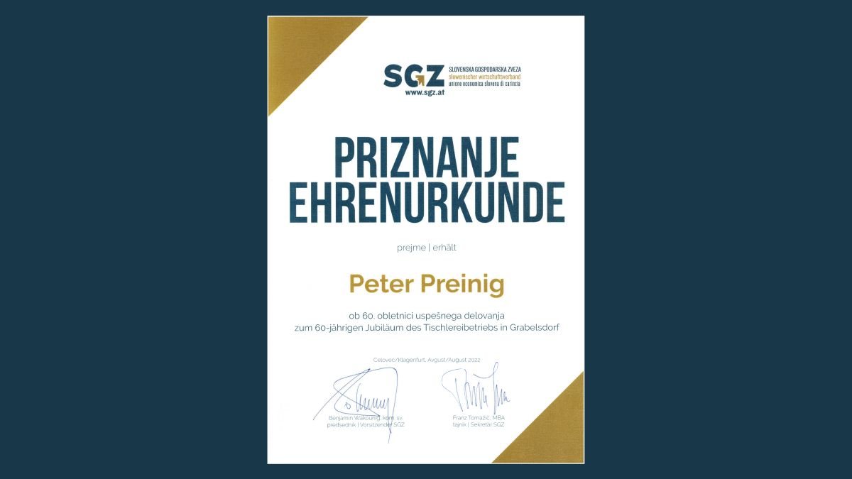 Bild: SGZ Ehrenurkunde an Peter Preinig