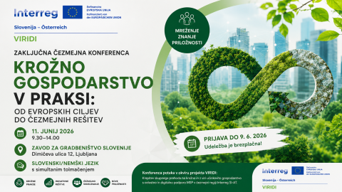 Slika: Zaključna čezmejna konferenca VIRIDI: Krožno gospodarstvo v praksi – od evropskih ciljev do čezmejnih rešitev, 11.6.2026 v Ljubljani